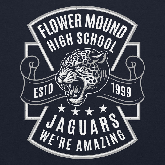 Close-up view of Flower Mound High School Jaguars Navy Blue Classic Unisex Hoodie 207