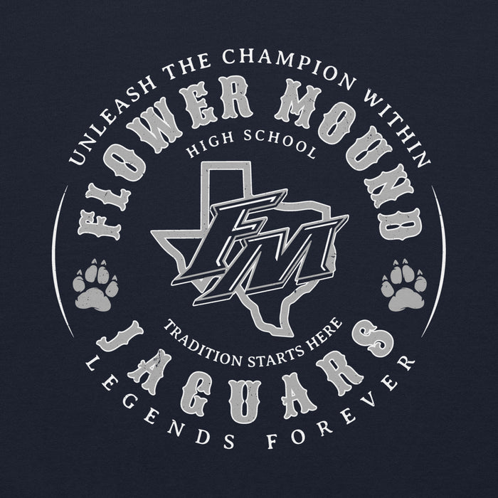 Close-up view of Flower Mound High School Jaguars Navy Blue Classic Unisex Hoodie 214