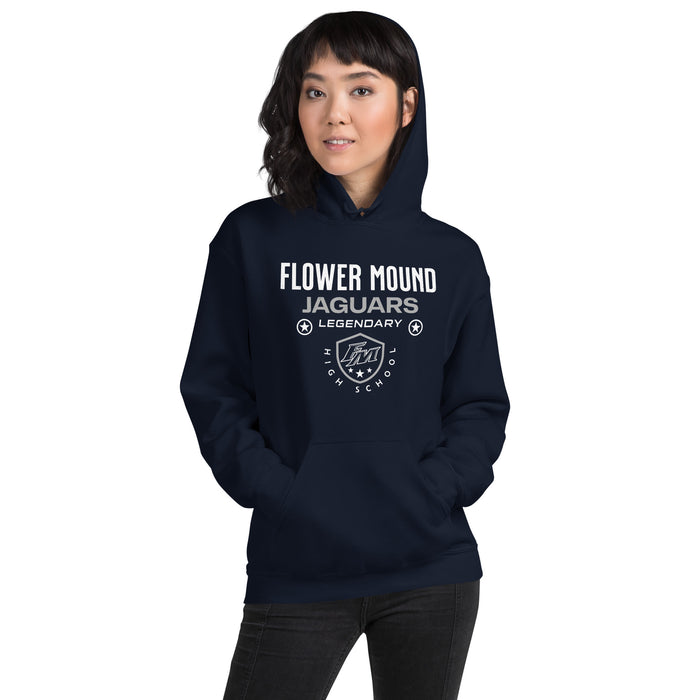 Woman wearing Flower Mound High School Jaguars Navy Blue Classic Unisex Hoodie 003