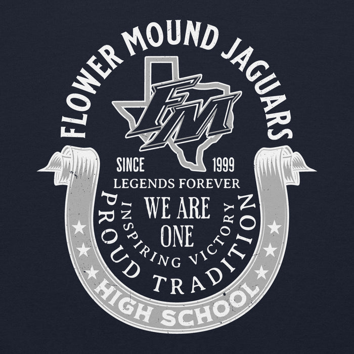 Close-up view of Flower Mound High School Jaguars Navy Blue Classic Unisex Hoodie 229