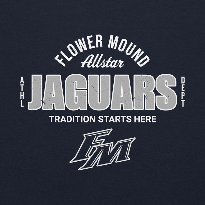 Close-up view of Flower Mound High School Jaguars Navy Blue Classic Unisex Hoodie 040