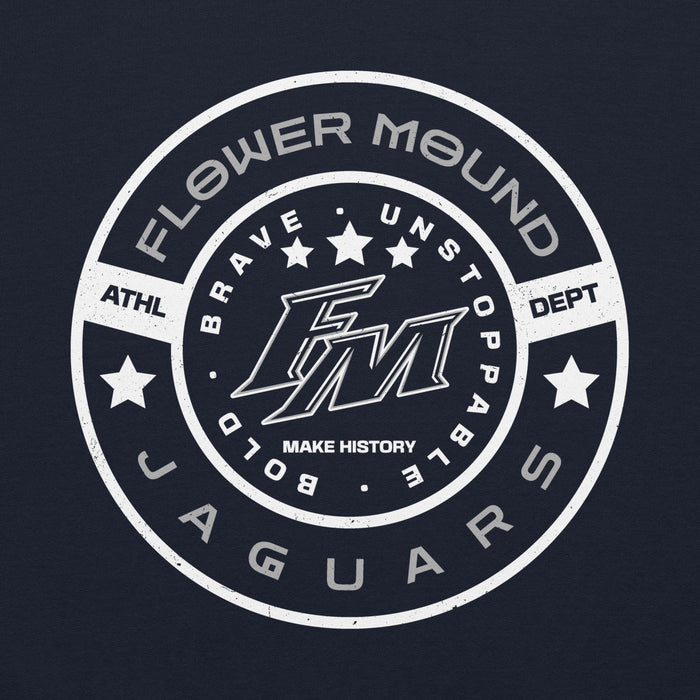 Close-up view of Flower Mound High School Jaguars Navy Blue Classic Unisex Hoodie 239