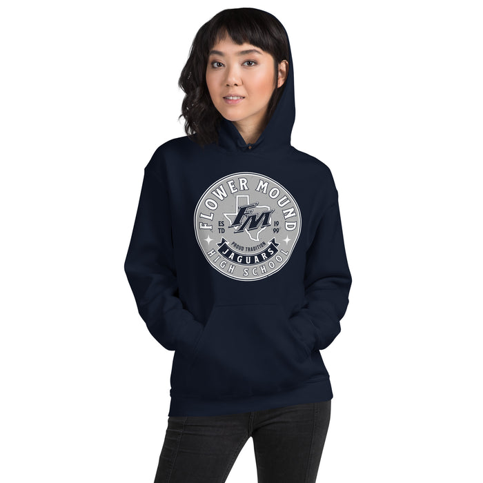 Woman wearing Flower Mound High School Jaguars Navy Blue Classic Unisex Hoodie 214