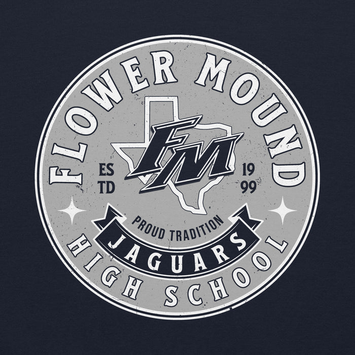 Close-up view of Flower Mound High School Jaguars Navy Blue Classic Unisex Hoodie 214