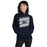 Woman wearing Flower Mound High School Jaguars Navy Blue Classic Unisex Hoodie 223