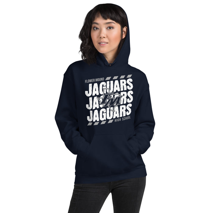 Woman wearing Flower Mound High School Jaguars Navy Blue Classic Unisex Hoodie 223