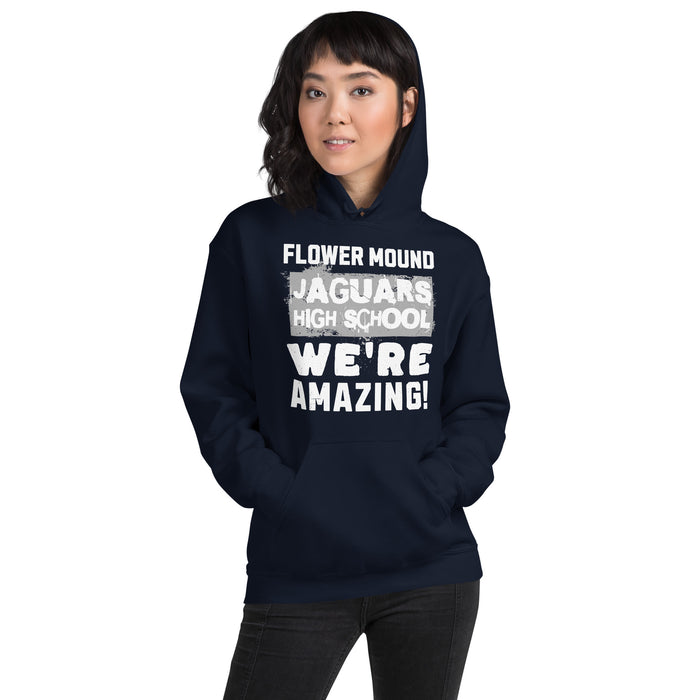 Woman wearing Flower Mound High School Jaguars Navy Blue Classic Unisex Hoodie 231