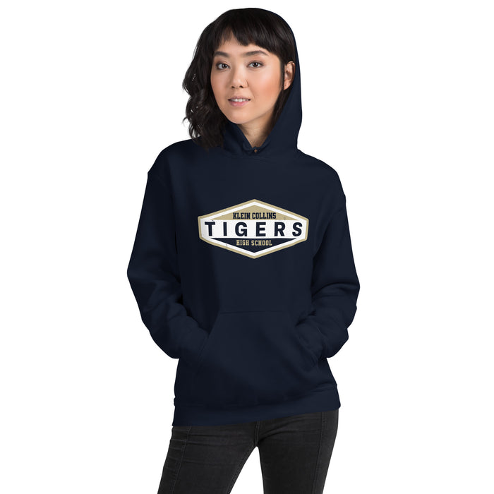 Woman wearing Klein Collins High School Tigers Navy Classic Unisex Hoodie 009