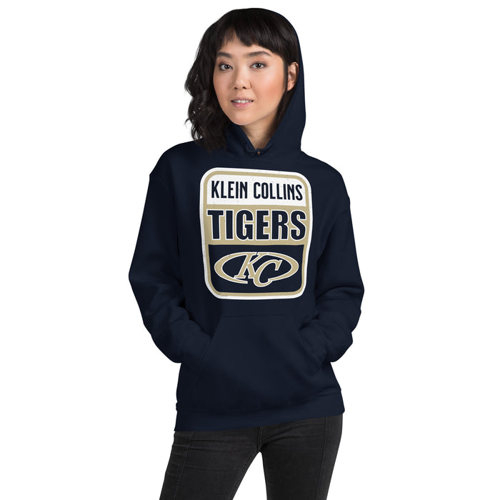 Woman wearing Klein Collins High School Tigers Navy Classic Unisex Hoodie 001