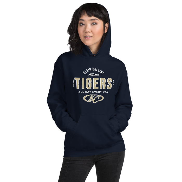 Woman wearing Klein Collins High School Tigers Navy Classic Unisex Hoodie 034