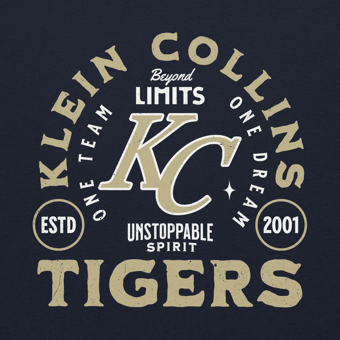 Close-up view of Klein Collins High School Tigers Navy Classic Unisex Hoodie 208