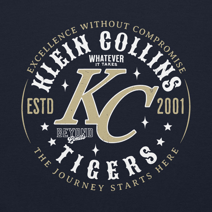 Close-up view of Klein Collins High School Tigers Navy Classic Unisex Hoodie 214