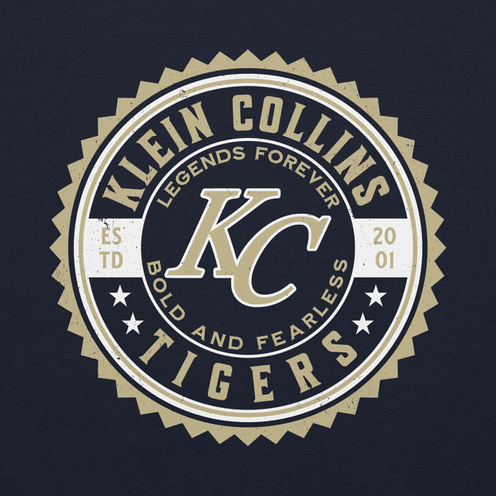 Close-up view of Klein Collins High School Tigers Navy Classic Unisex Hoodie 203