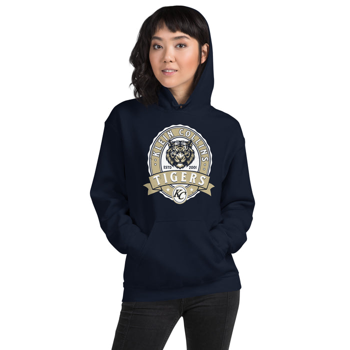 Woman wearing Klein Collins High School Tigers Navy Classic Unisex Hoodie 212