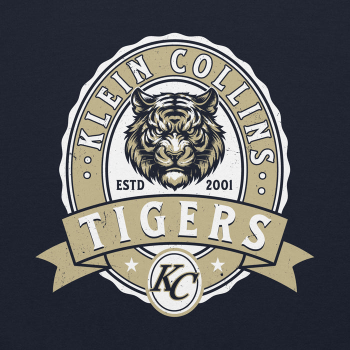 Close-up view of Klein Collins High School Tigers Navy Classic Unisex Hoodie 212