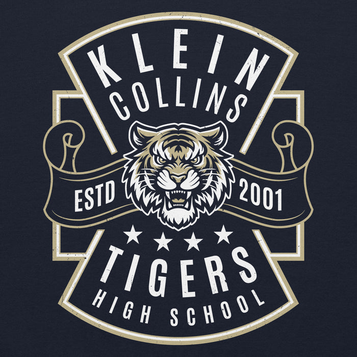 Close-up view of Klein Collins High School Tigers Navy Classic Unisex Hoodie 207