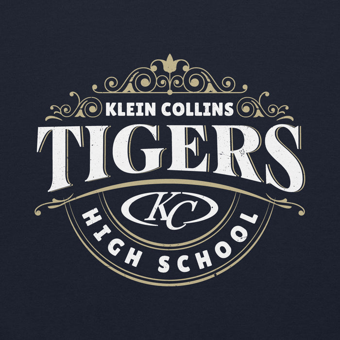Close-up view of Klein Collins High School Tigers Navy Classic Unisex Hoodie 211