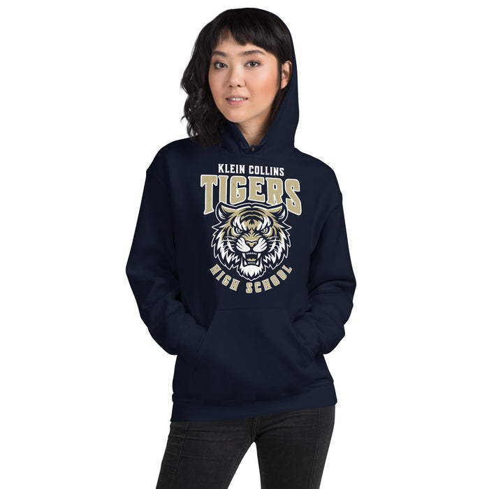 Woman wearing Klein Collins High School Tigers Navy Classic Unisex Hoodie 213