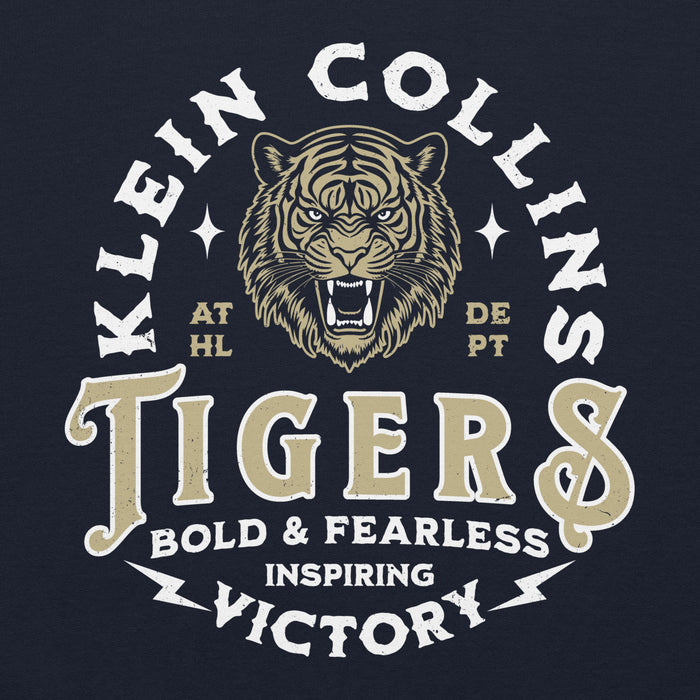 Close-up view of Klein Collins High School Tigers Navy Classic Unisex Hoodie 206