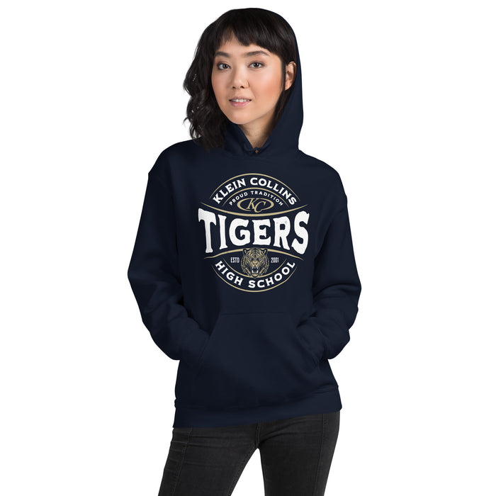 Woman wearing Klein Collins High School Tigers Navy Classic Unisex Hoodie 218
