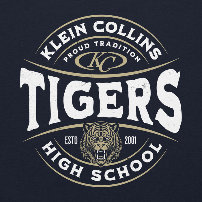 Close-up view of Klein Collins High School Tigers Navy Classic Unisex Hoodie 218