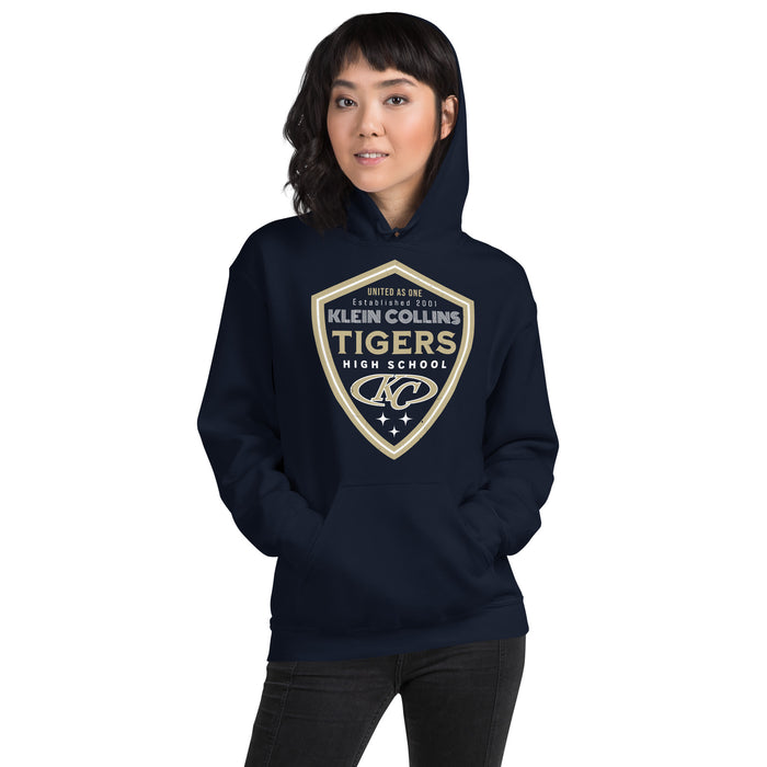 Woman wearing Klein Collins High School Tigers Navy Classic Unisex Hoodie 225