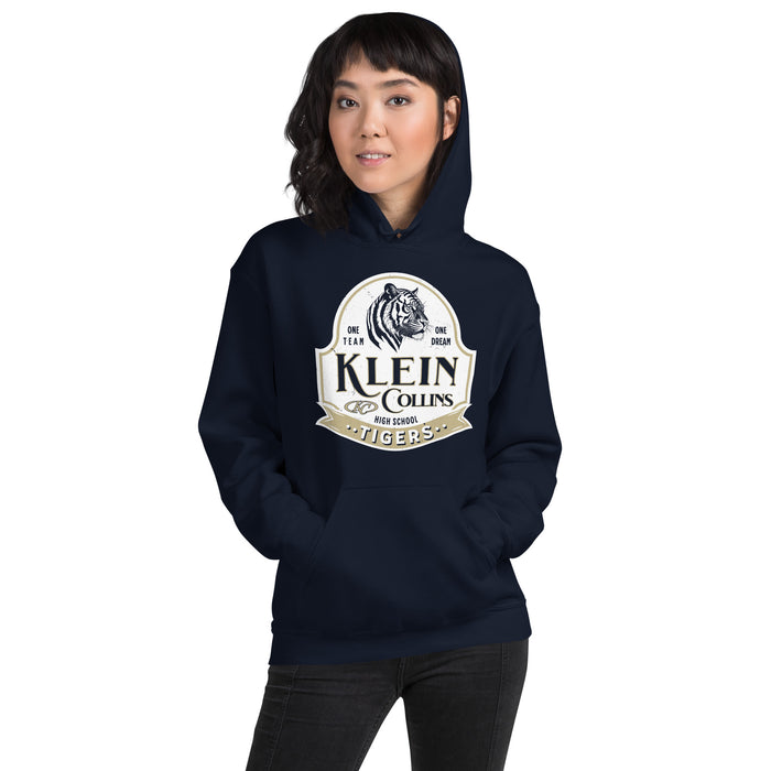 Woman wearing Klein Collins High School Tigers Navy Classic Unisex Hoodie 219