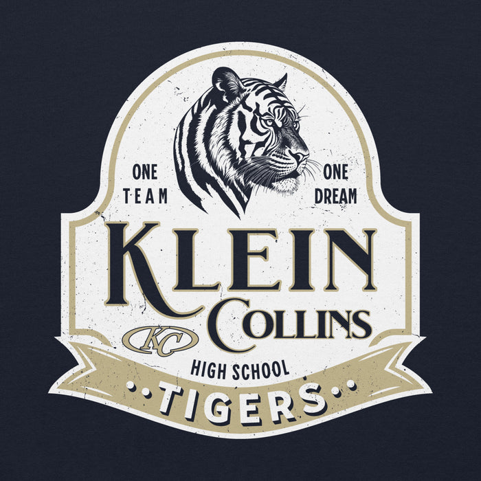 Close-up view of Klein Collins High School Tigers Navy Classic Unisex Hoodie 219