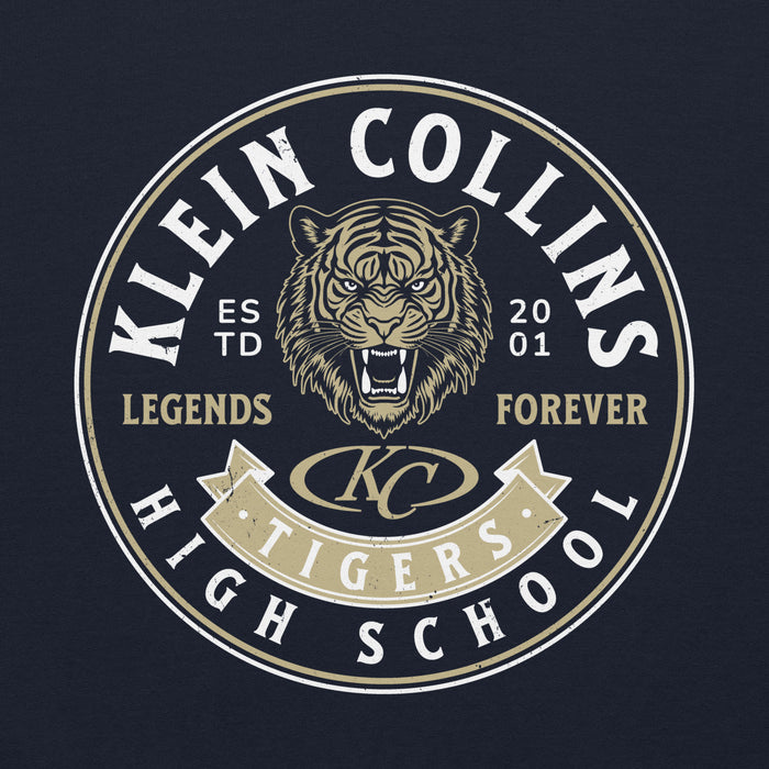 Close-up view of Klein Collins High School Tigers Navy Classic Unisex Hoodie 215
