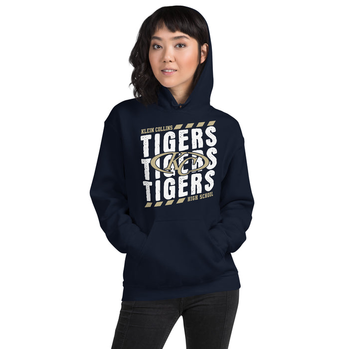 Woman wearing Klein Collins High School Tigers Navy Classic Unisex Hoodie 223