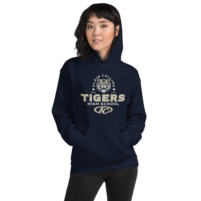 Woman wearing Klein Collins High School Tigers Navy Classic Unisex Hoodie 222