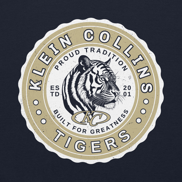 Close-up view of Klein Collins High School Tigers Navy Classic Unisex Hoodie 216