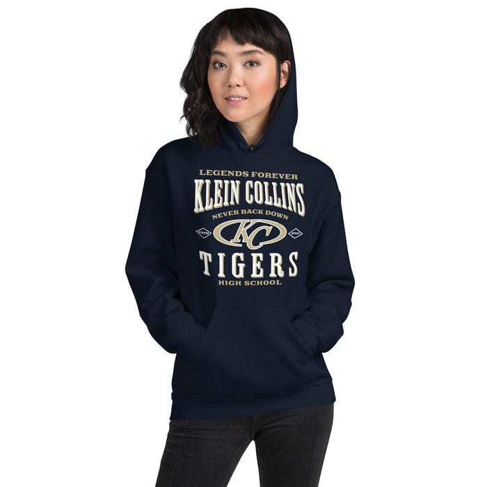 Woman wearing Klein Collins High School Tigers Navy Classic Unisex Hoodie 230