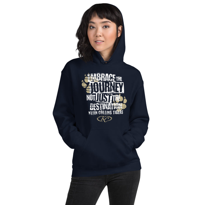Woman wearing Klein Collins High School Tigers Navy Classic Unisex Hoodie 232