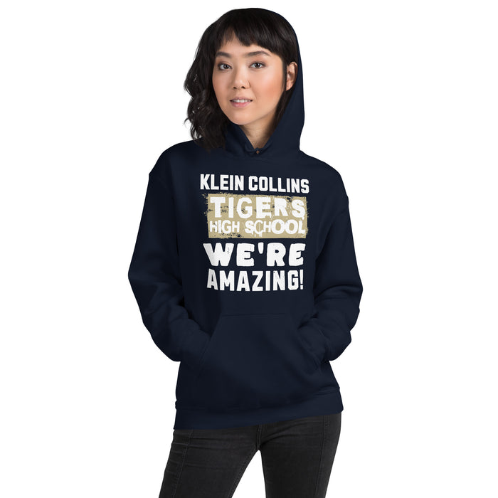 Woman wearing Klein Collins High School Tigers Navy Classic Unisex Hoodie 231