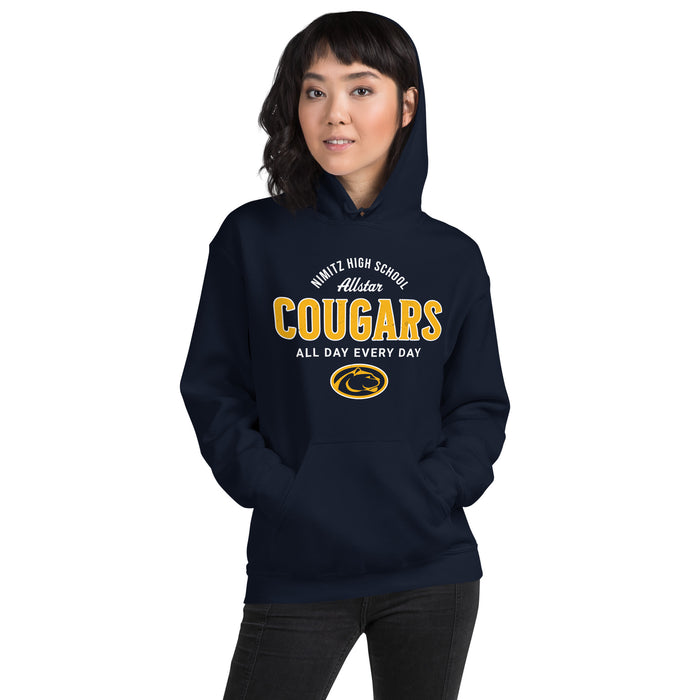 Woman wearing Nimitz High School Cougars Navy Blue Classic Unisex Hoodie 040
