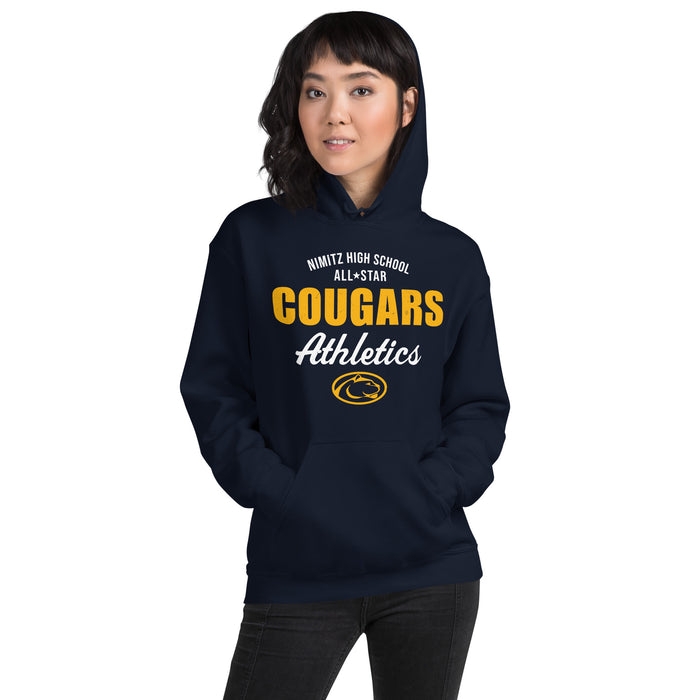 Woman wearing Nimitz High School Cougars Navy Blue Classic Unisex Hoodie 034