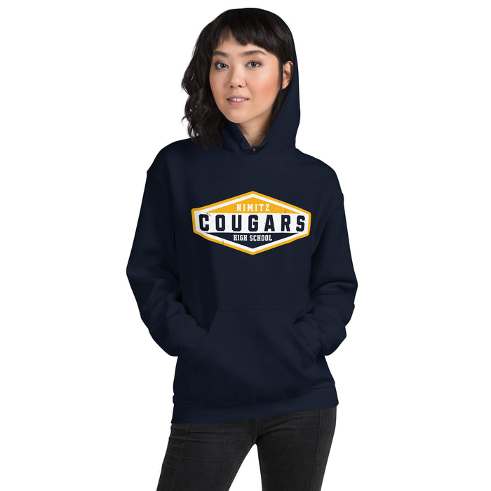 Woman wearing Nimitz High School Cougars Navy Blue Classic Unisex Hoodie 009