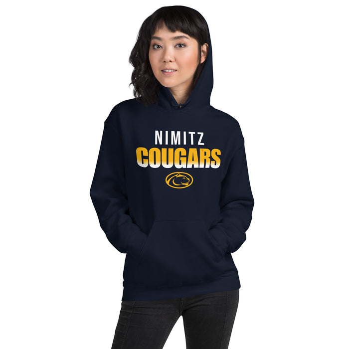 Woman wearing Nimitz High School Cougars Navy Blue Classic Unisex Hoodie 024