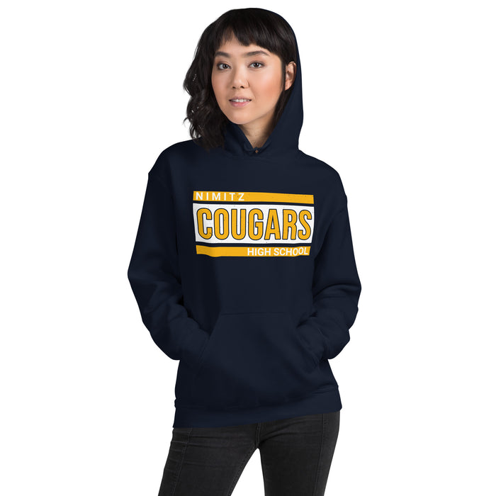 Woman wearing Nimitz High School Cougars Navy Blue Classic Unisex Hoodie 098