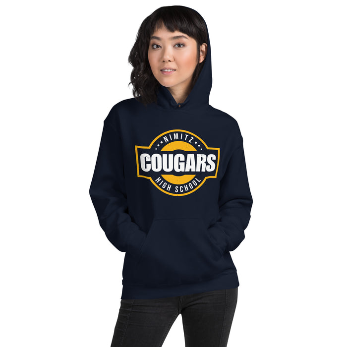 Woman wearing Nimitz High School Cougars Navy Blue Classic Unisex Hoodie 011