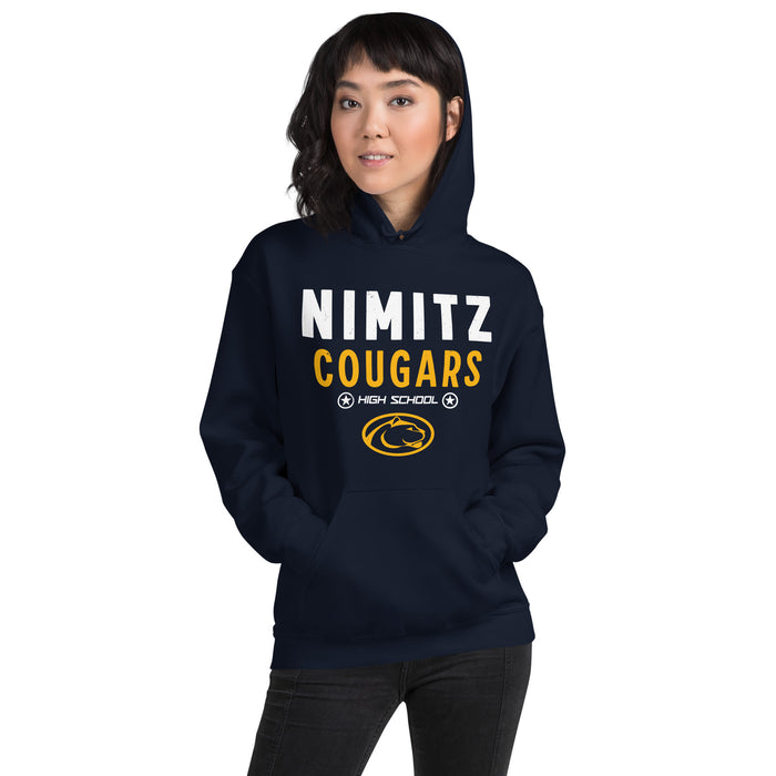 Woman wearing Nimitz High School Cougars Navy Blue Classic Unisex Hoodie 003