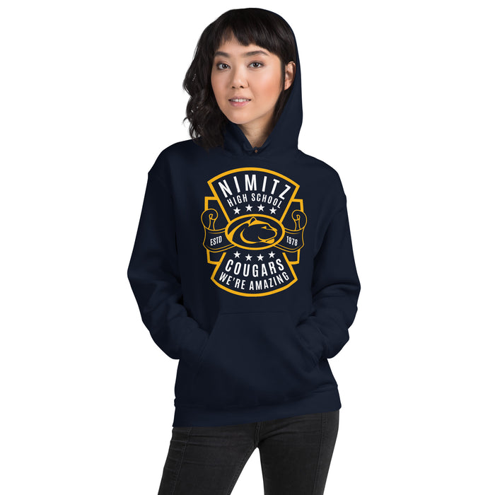 Woman wearing Nimitz High School Cougars Navy Blue Classic Unisex Hoodie 207