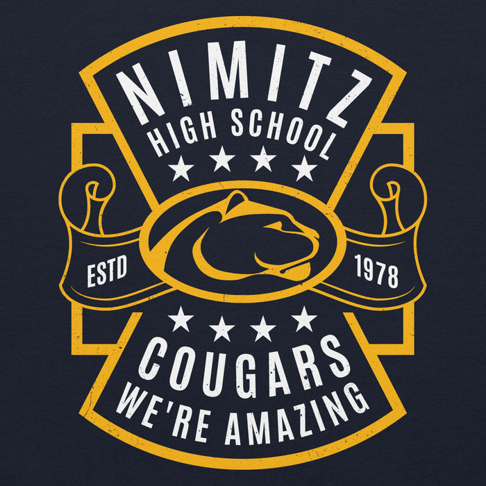 Close-up view of Nimitz High School Cougars Navy Blue Classic Unisex Hoodie 207