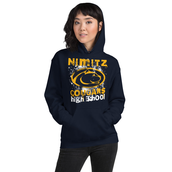 Woman wearing Nimitz High School Cougars Navy Blue Classic Unisex Hoodie 205