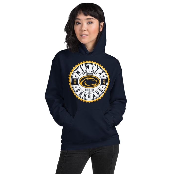 Woman wearing Nimitz High School Cougars Navy Blue Classic Unisex Hoodie 203