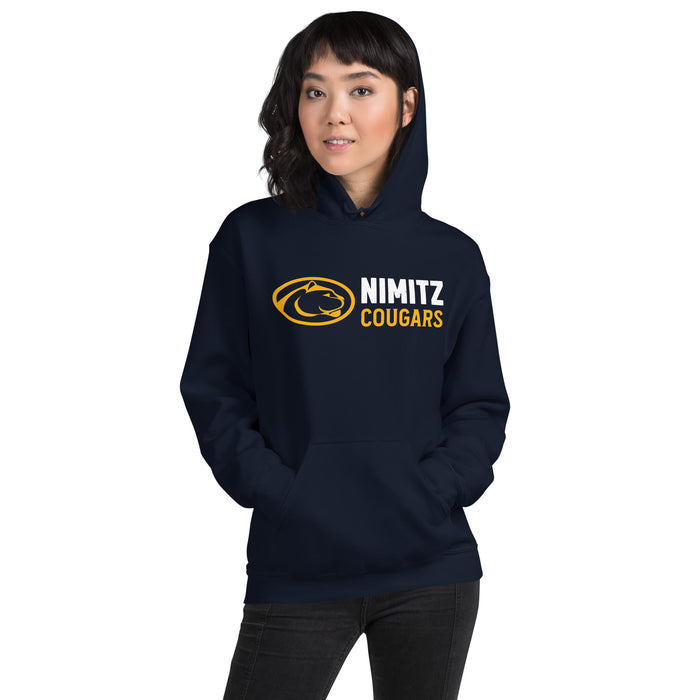 Woman wearing Nimitz High School Cougars Navy Blue Classic Unisex Hoodie 200