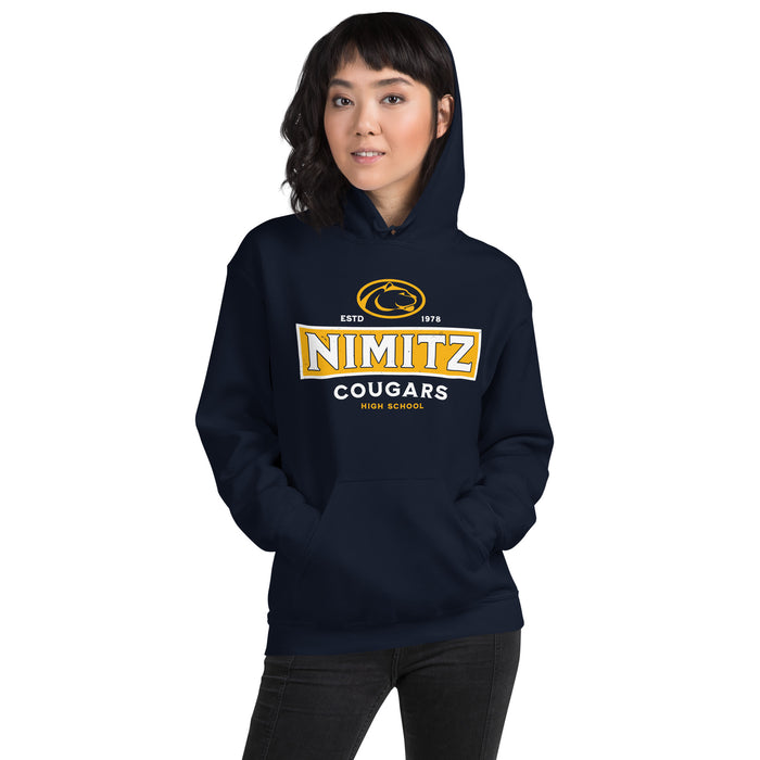 Woman wearing Nimitz High School Cougars Navy Blue Classic Unisex Hoodie 202