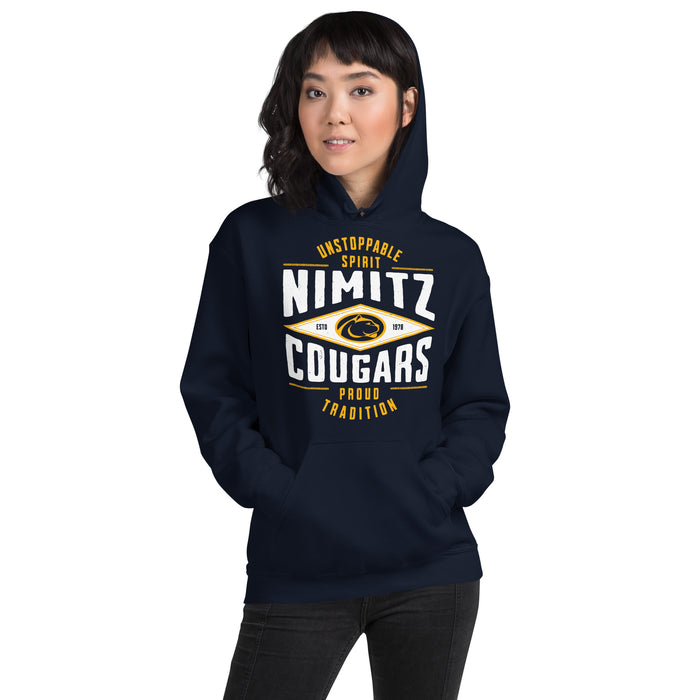 Woman wearing Nimitz High School Cougars Navy Blue Classic Unisex Hoodie 210