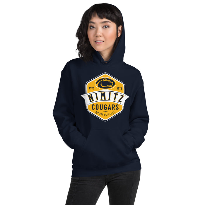 Woman wearing Nimitz High School Cougars Navy Blue Classic Unisex Hoodie 209